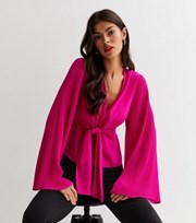 New Look Bright Pink Pleated Sleeve Tie Front Top